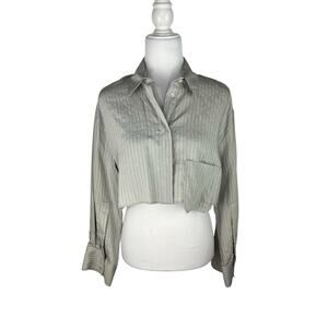 Zara Long Sleeve Cropped Gray Striped Shirt Small NWT